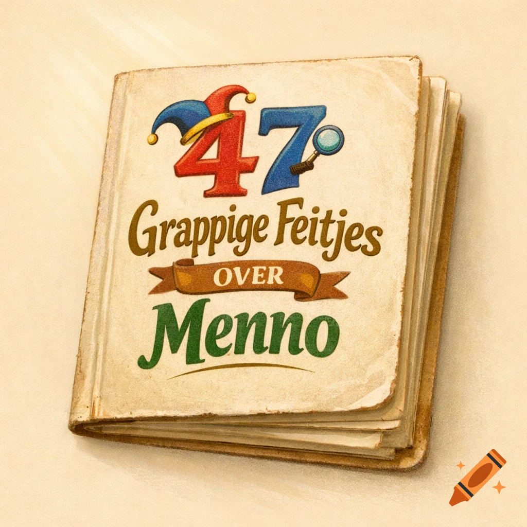 Illustration of an aged book cover with '47 Grappige Feitjes OVER Menno' in decorative script, featuring a jester hat and magnifying glass.