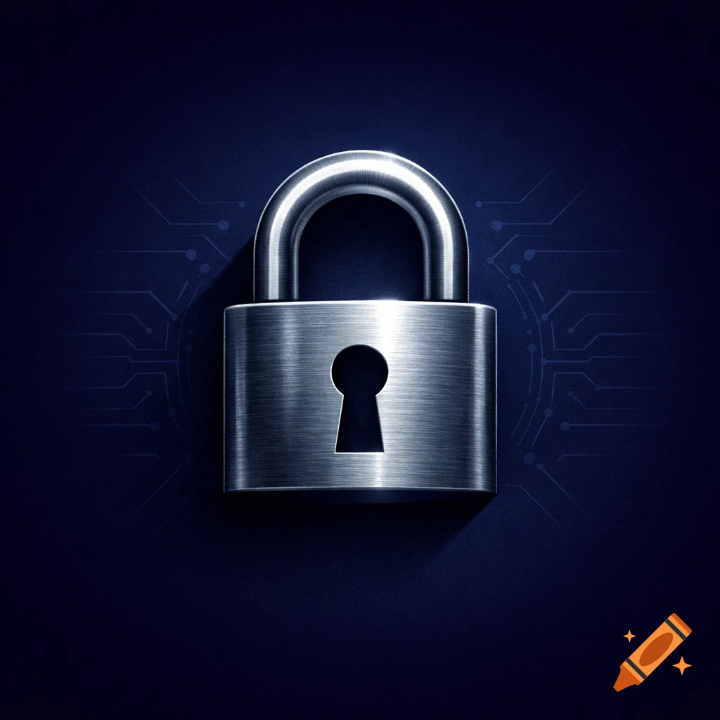 Metallic padlock icon on a dark blue background with faint circuit lines.