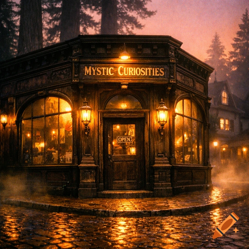A warmly lit Victorian esoteric shop with a "Mystic Curiosities" sign at twilight. Its lights reflect on wet cobblestone streets amidst mist and tall trees.