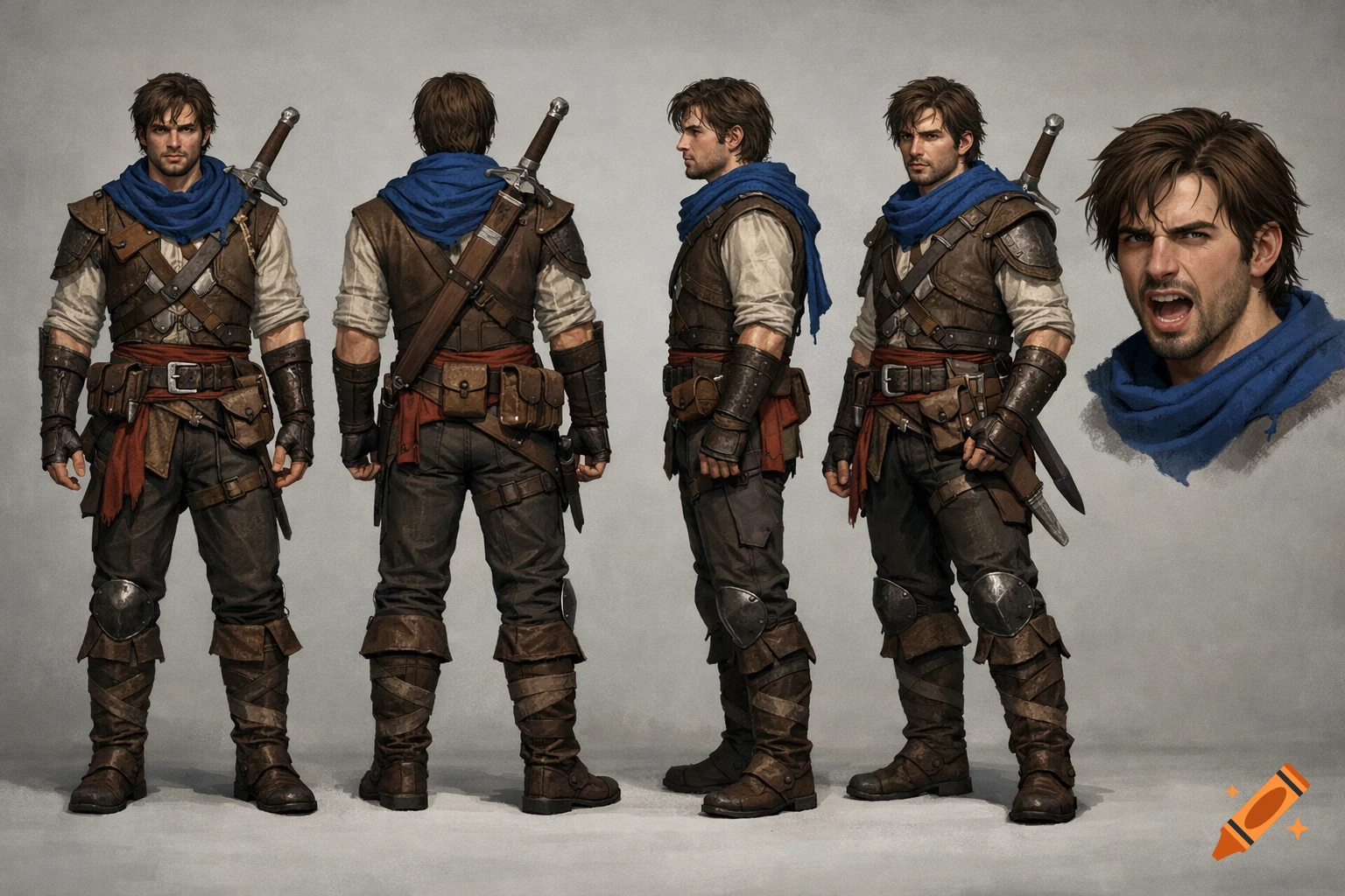 Fantasy concept art of a male character in leather armor, a blue scarf, and a sword, shown from multiple angles.