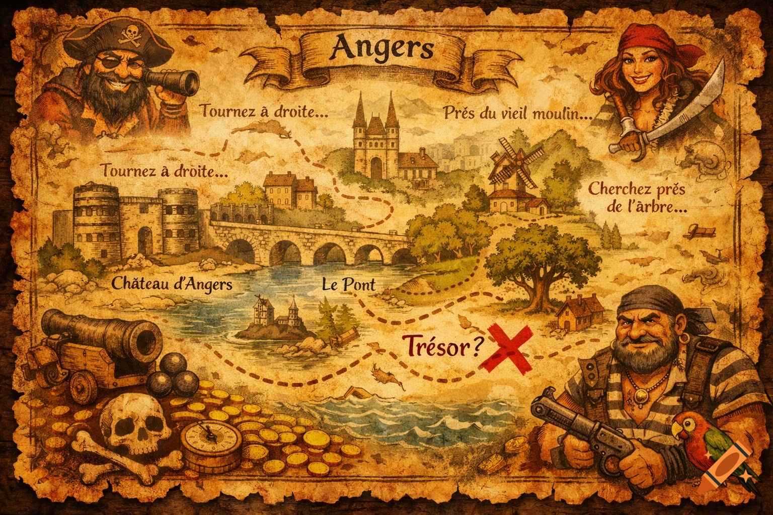 An old pirate treasure map showing Angers, France, with a castle, bridge, windmill, and pirates, on burned parchment.
