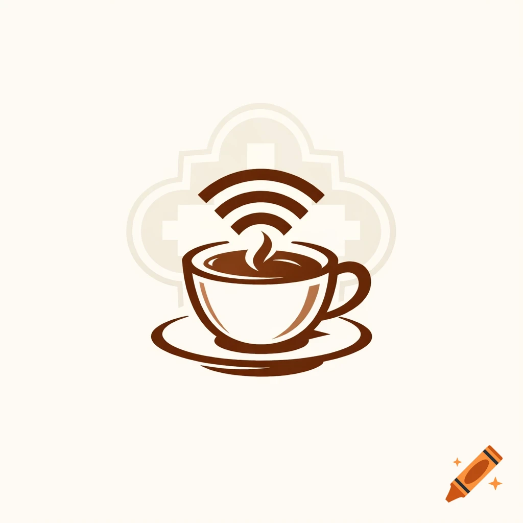 A minimalist brown and white logo showing a steaming coffee cup with WiFi waves above, against a subtle cloud-like pattern.