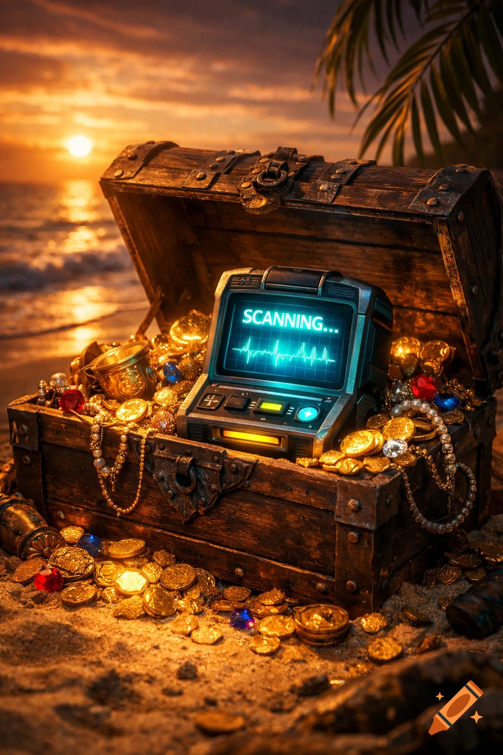 An open treasure chest filled with gold coins and jewels, holding a futuristic scanner displaying 'SCANNING...' on a sandy beach at sunset.