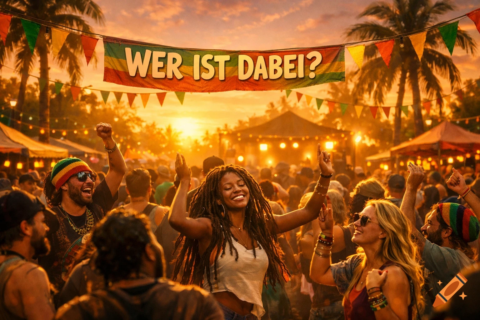 A lively crowd dances at a reggae festival under a banner that reads 'WER IST DABEI?' at sunset, with palm trees in the background.