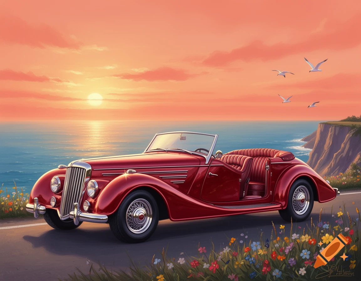 A vibrant red classic convertible car parked on a coastal road at sunset, with a calm ocean and wildflowers in the foreground.