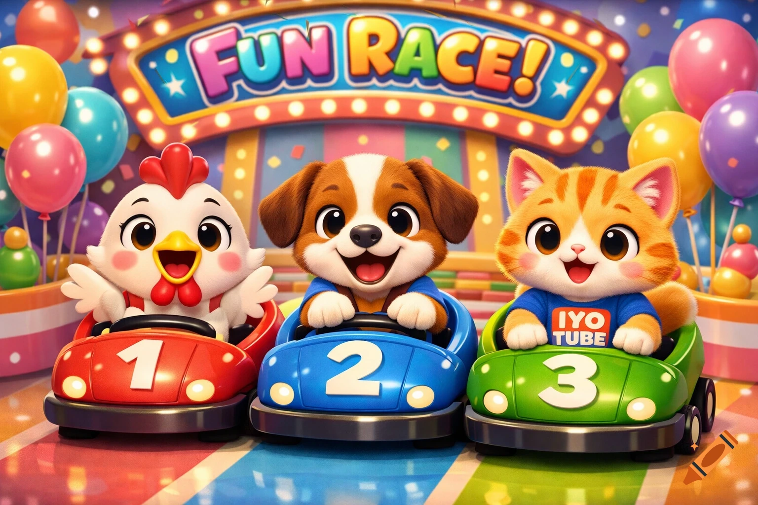 Cute cartoon chicken, dog, and cat in colorful race cars, numbered 1, 2, and 3, at a fun game show. Pixar style.