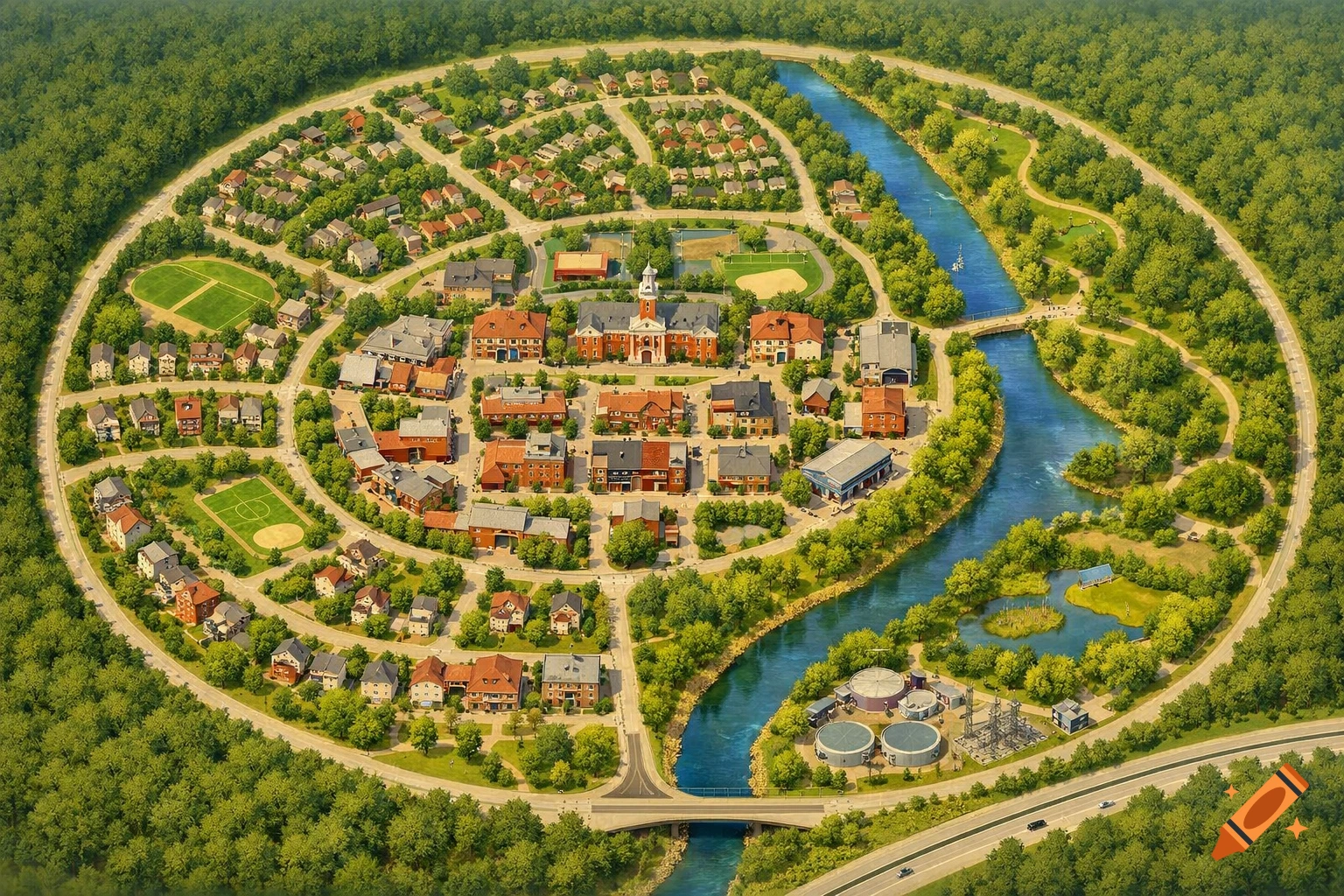 Aerial view of a circular planned town 'Greenhaven' with a central downtown, residential areas, parks, and a river, surrounded by forest.