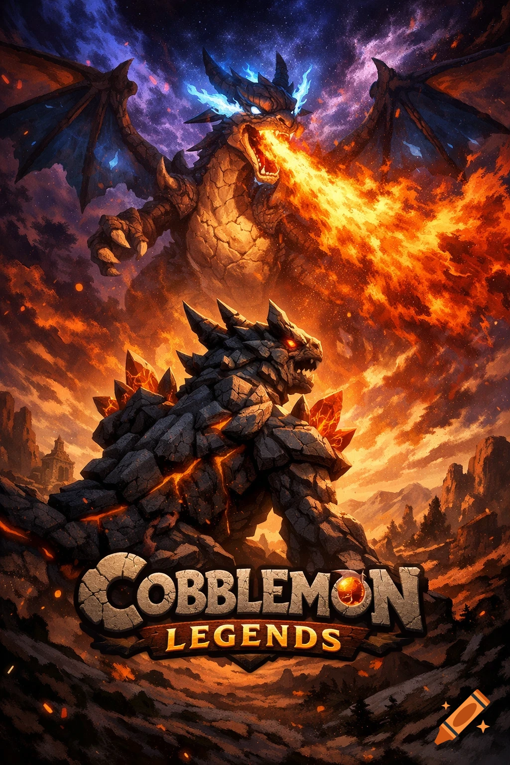 A powerful fire-breathing dragon battles a rock monster under a dramatic fiery sky with the text 'COBBLEMON LEGENDS'.