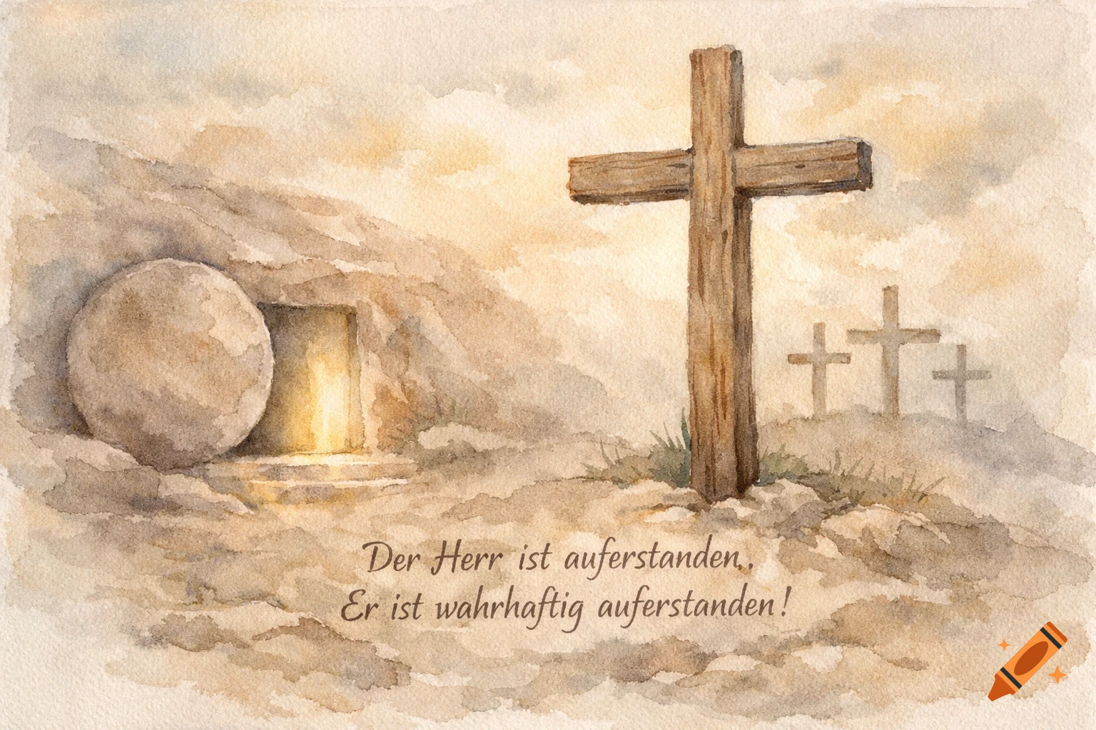Watercolor painting of an empty tomb glowing with light and crosses on a hill with German text.