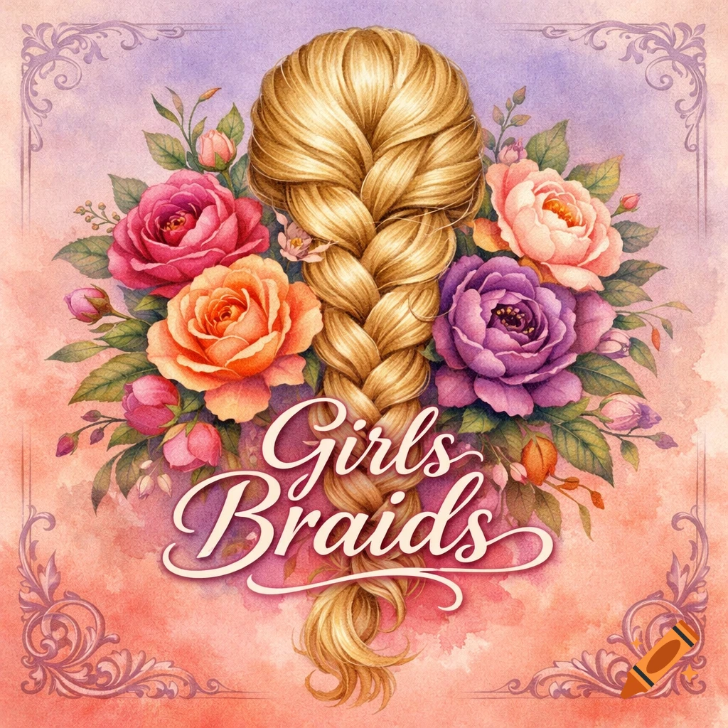 Watercolor illustration of golden braided hair surrounded by pink, orange, purple roses, with 'Girls Braids' text.