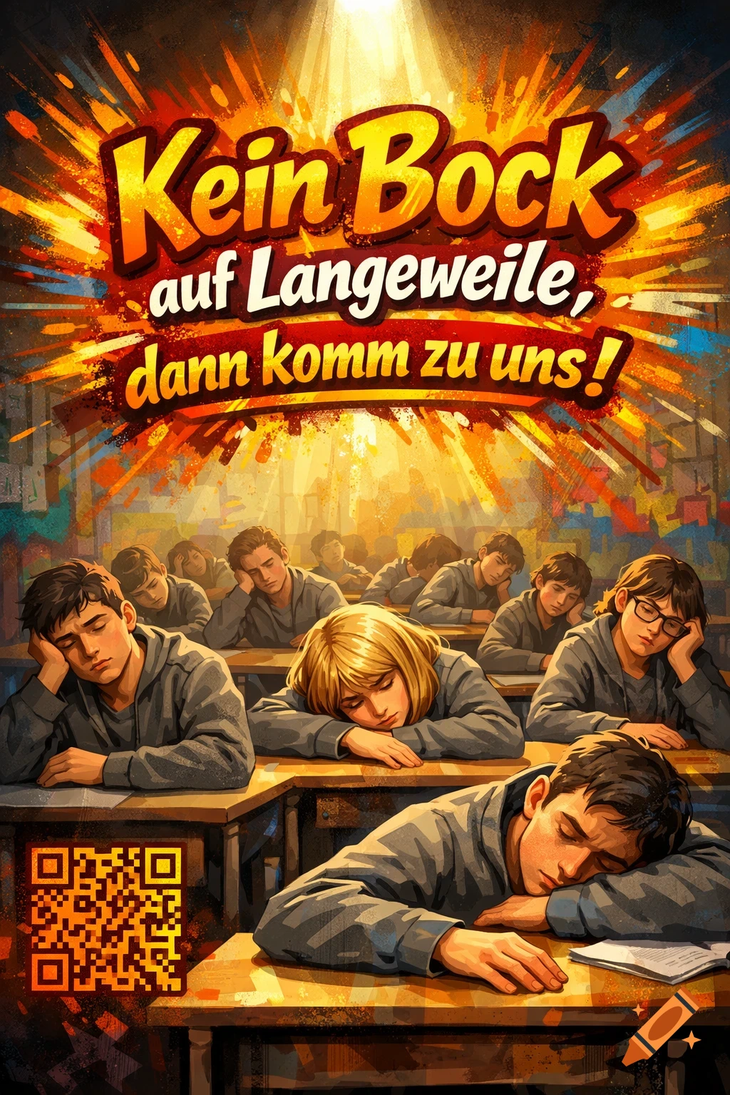 Vibrant illustration of bored students sleeping in a classroom, with German text above them and a QR code.