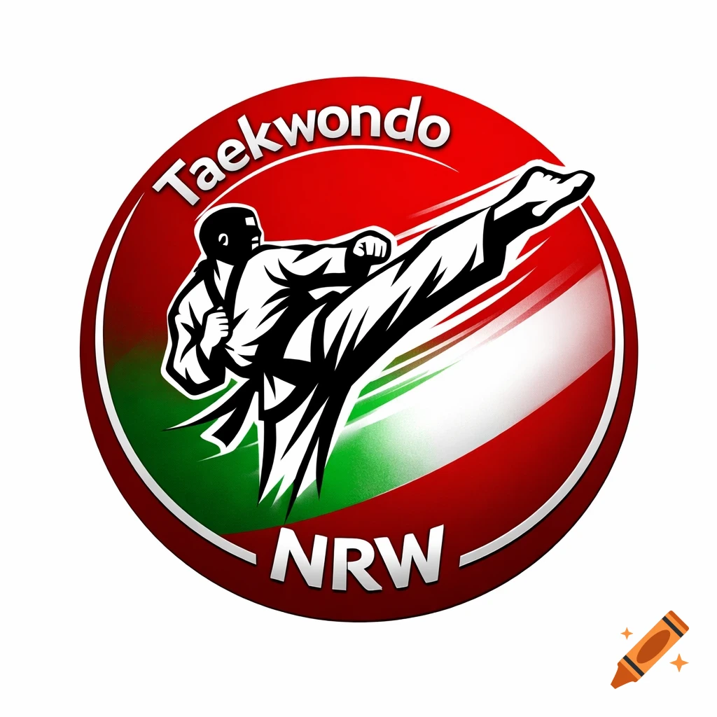 A circular Taekwondo logo with a silhouetted martial artist performing a high kick. "Taekwondo" and "NRW" are written in white around the red, white, and green background.