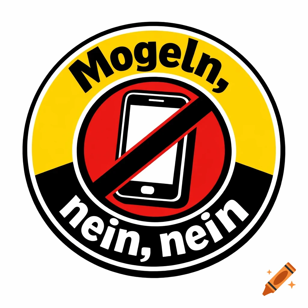 A round yellow, red, and black sign with a crossed-out mobile phone in the center and the German text "Mogeln, nein, nein" around the border.