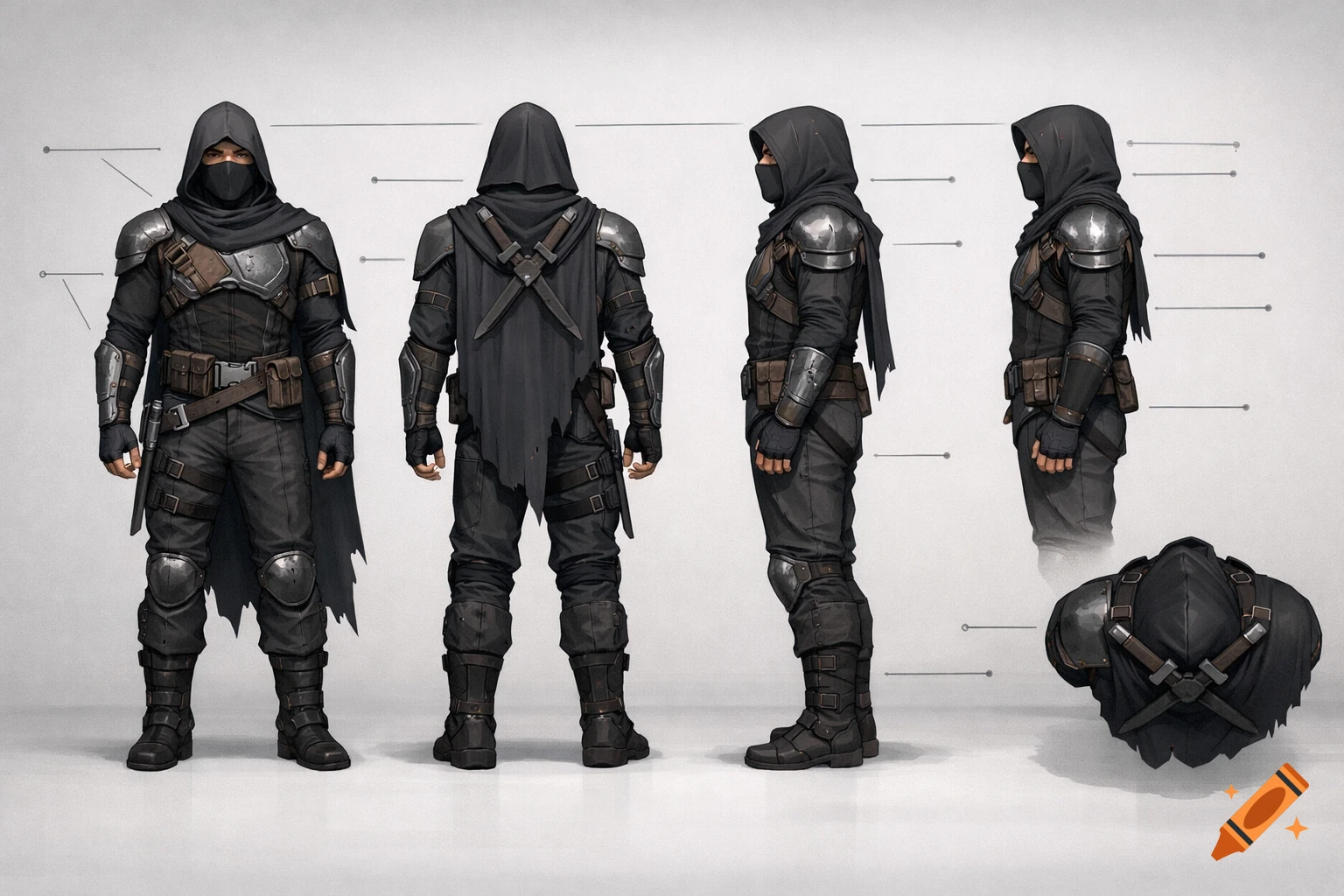 Digital concept art of a masked character in dark tactical armor, shown from front, back, and side views with a hood detail.