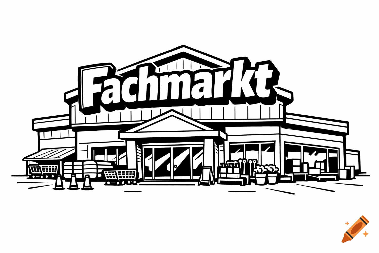 A black and white cartoon illustration of a 'Fachmarkt' (specialty store) building with its logo, shopping carts, and outdoor display items.