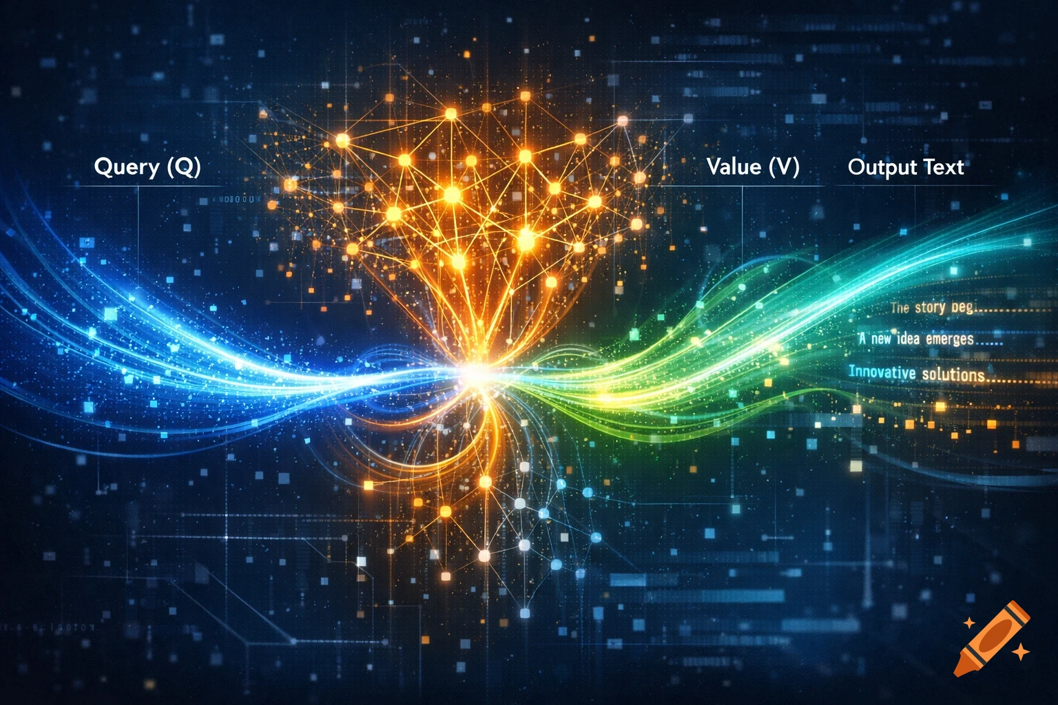 Abstract digital art showing glowing blue, orange, and green data streams converging, labeled 'Query (Q)', 'Value (V)', 'Output Text' and generated text examples.