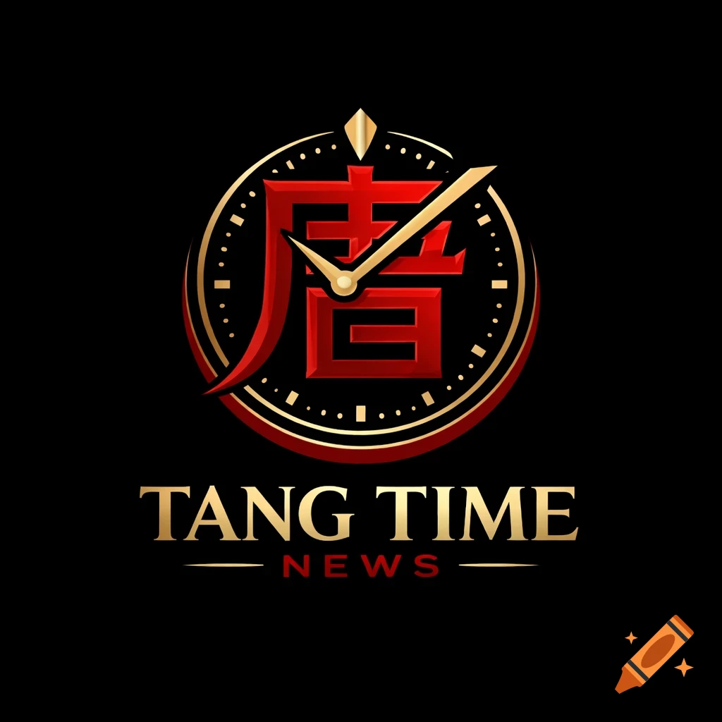A gold and red logo for Tang Time News, featuring a stylized clock face with Chinese character 'Tang' and clock hands.
