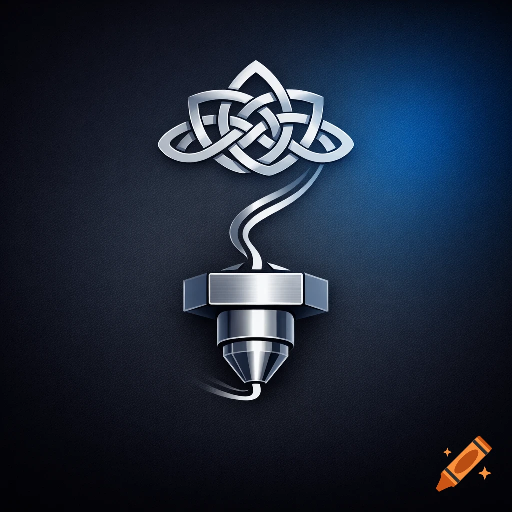 A shiny silver logo featuring a 3D printer nozzle with a filament stream forming an intricate Celtic knot on a dark blue background.