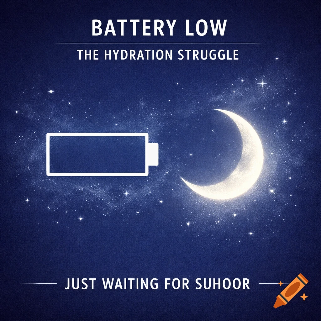 A graphic of an empty battery icon next to a glowing crescent moon in a starry night sky. Text reads 'BATTERY LOW', 'THE HYDRATION STRUGGLE', and 'JUST WAITING FOR SUHOOR'.