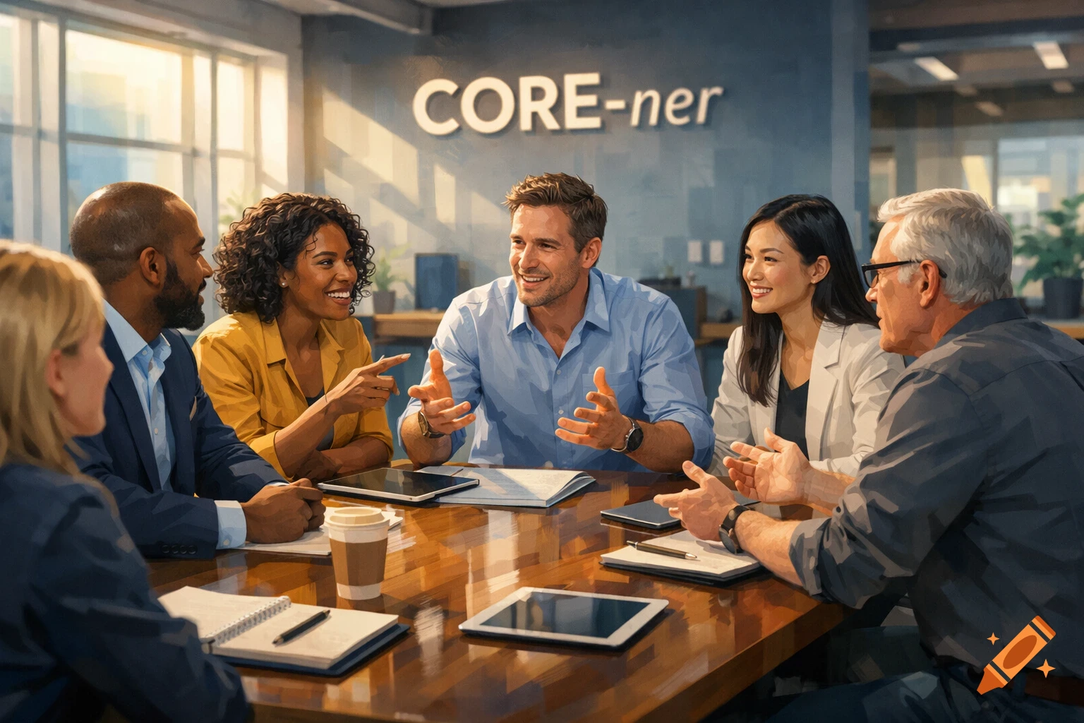 Diverse professionals actively engaged in a lively business meeting around a wooden table in an office.