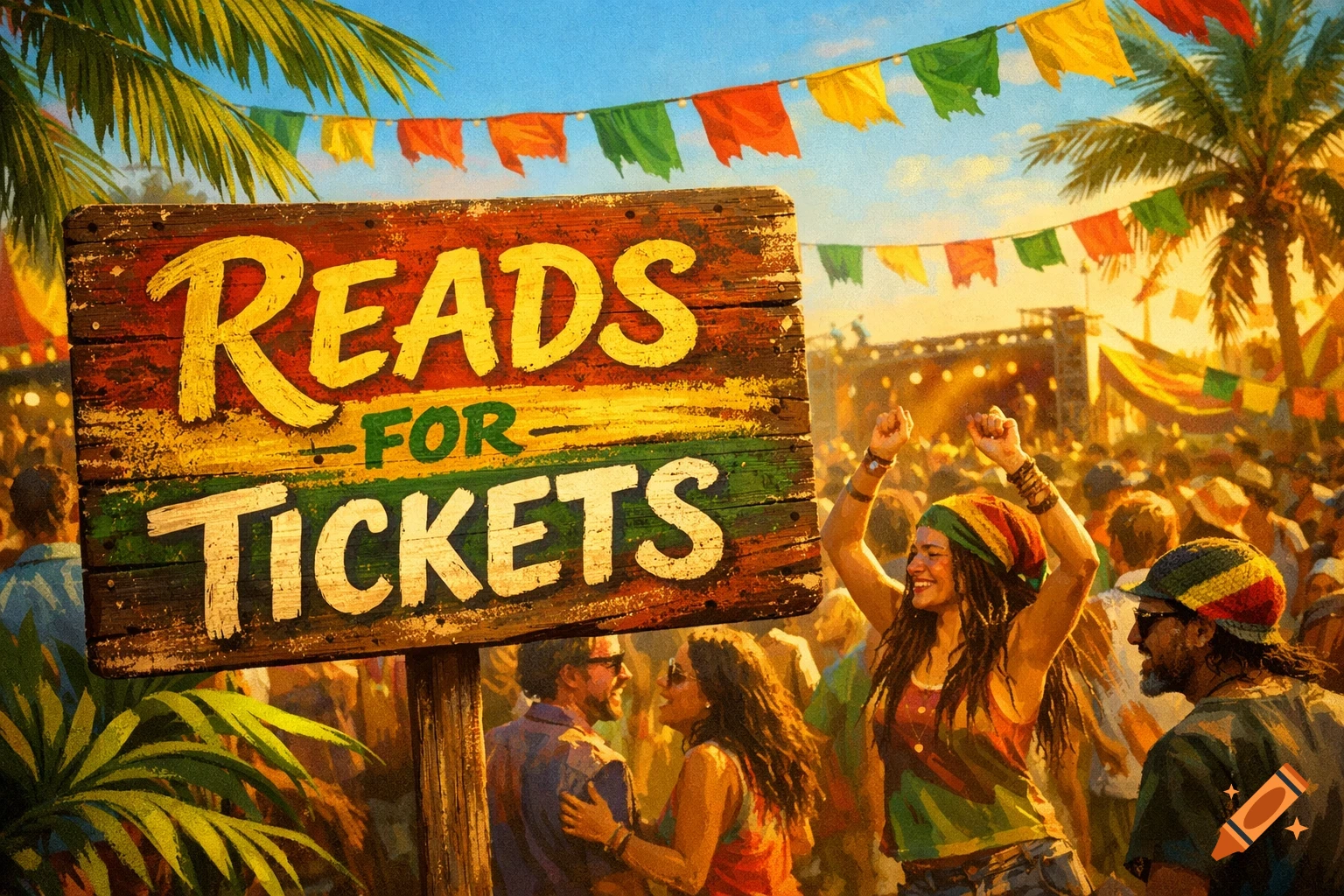Vibrant reggae festival scene at sunset with a dancing crowd, palm trees, banners, and a sign reading 'READS FOR TICKETS'.