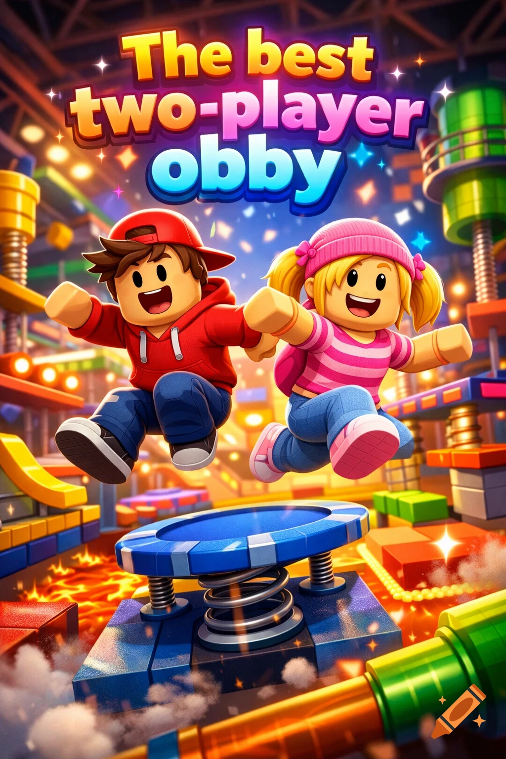 Two Roblox-style characters, a boy and a girl, jump on an obstacle course with "The best two-player obby" text.