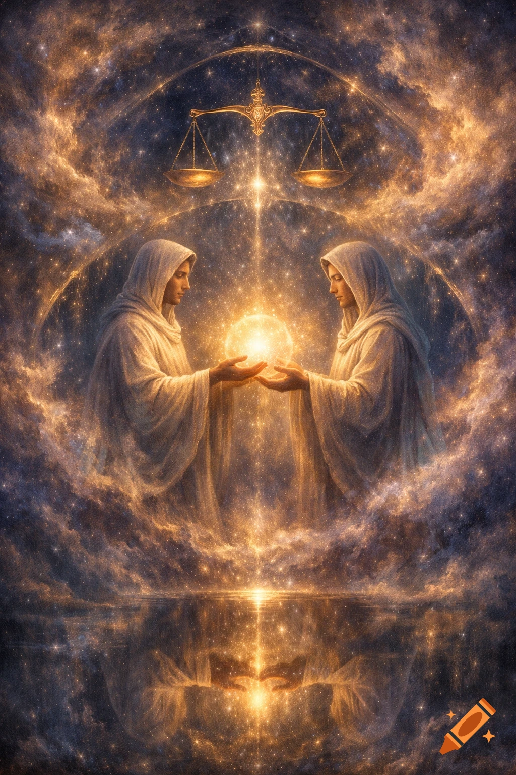Two robed figures hold a glowing orb amidst a cosmic, starry sky with scales of justice and a reflection below.
