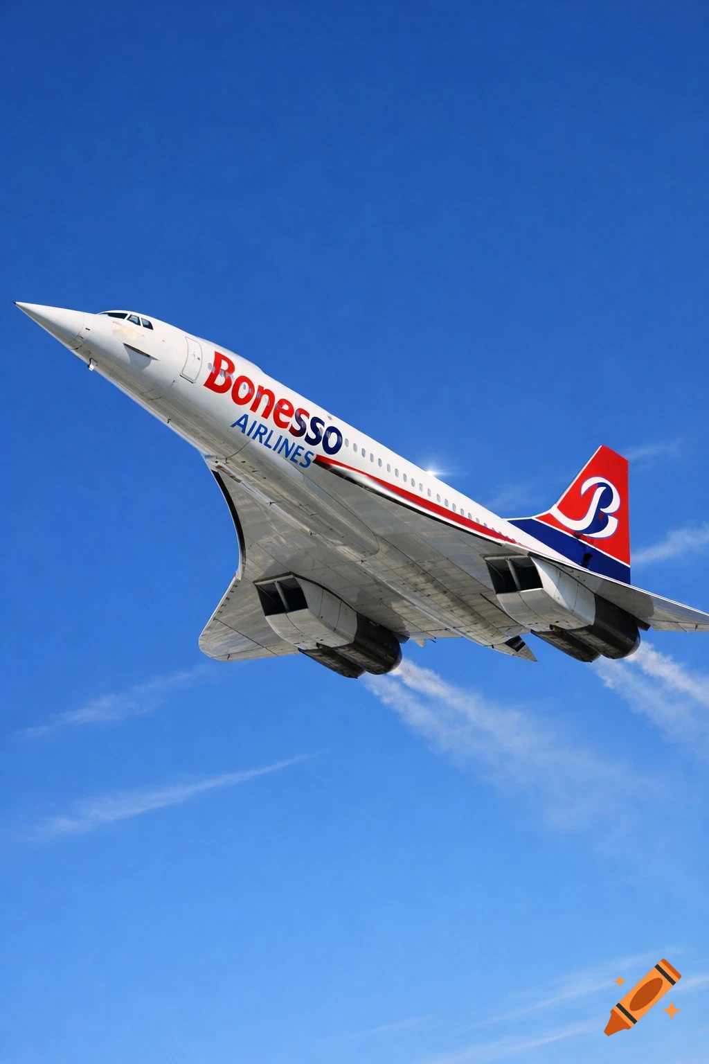 A white Concorde-style airplane with 'Bonesso AIRLINES' branding flies in a clear blue sky.