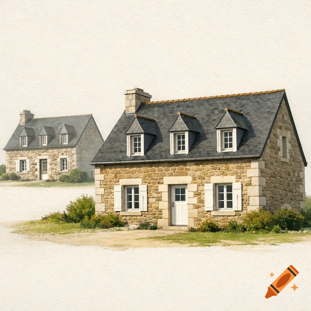 Two stone Breton-style houses with dark grey roofs and white shutters, one in the foreground, one in the blurry background. Illustration.