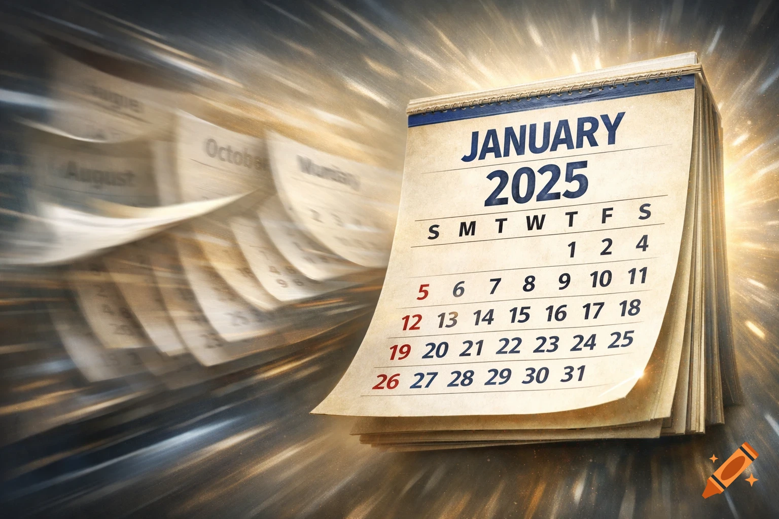 A calendar displaying January 2025, with previous month pages blurring past in the background, against a luminous, streaky backdrop.