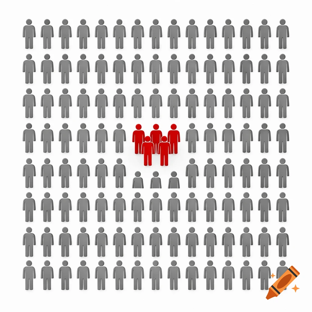 A grid of 100 gray schematic person icons, with five red person icons grouped in the center.