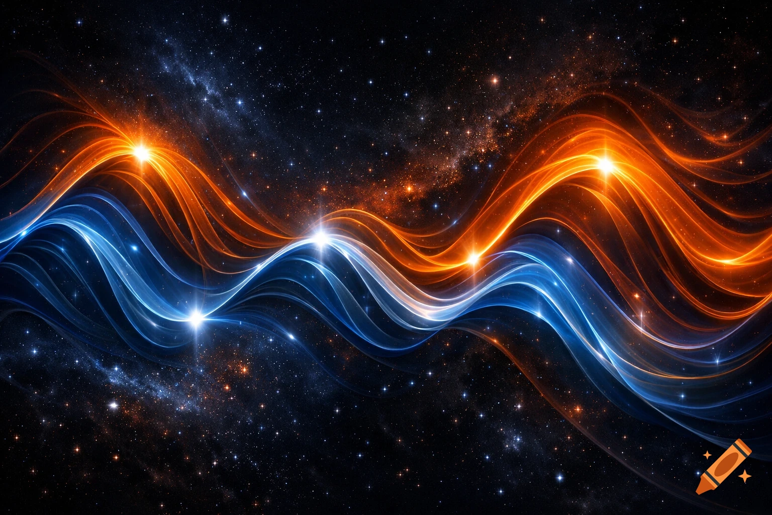 Glowing blue and orange wavy light trails curve through a dark, star-filled cosmic background.