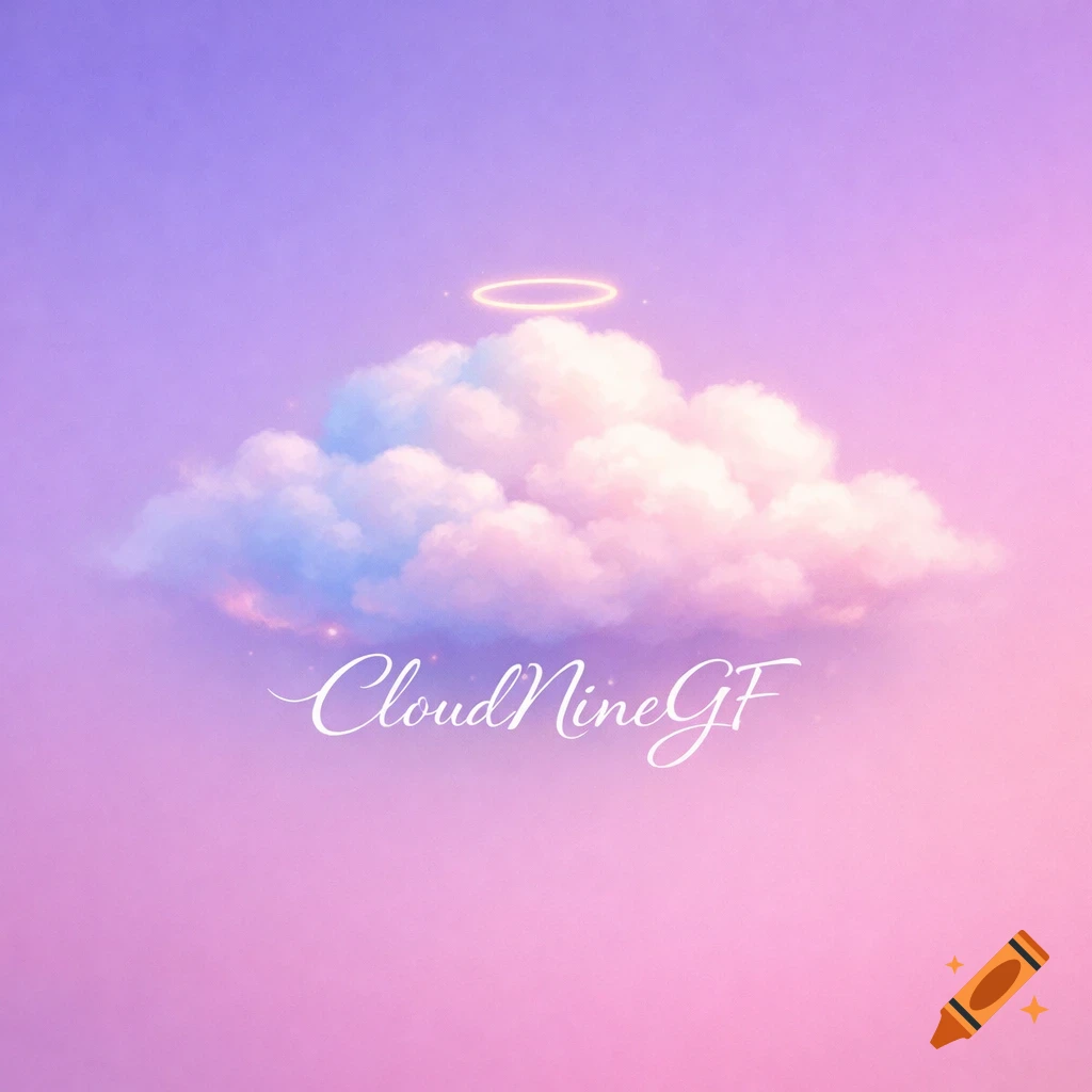 A pastel purple and pink gradient background with a white cloud, a glowing halo, and the text 'CloudNineGF' in cursive below.