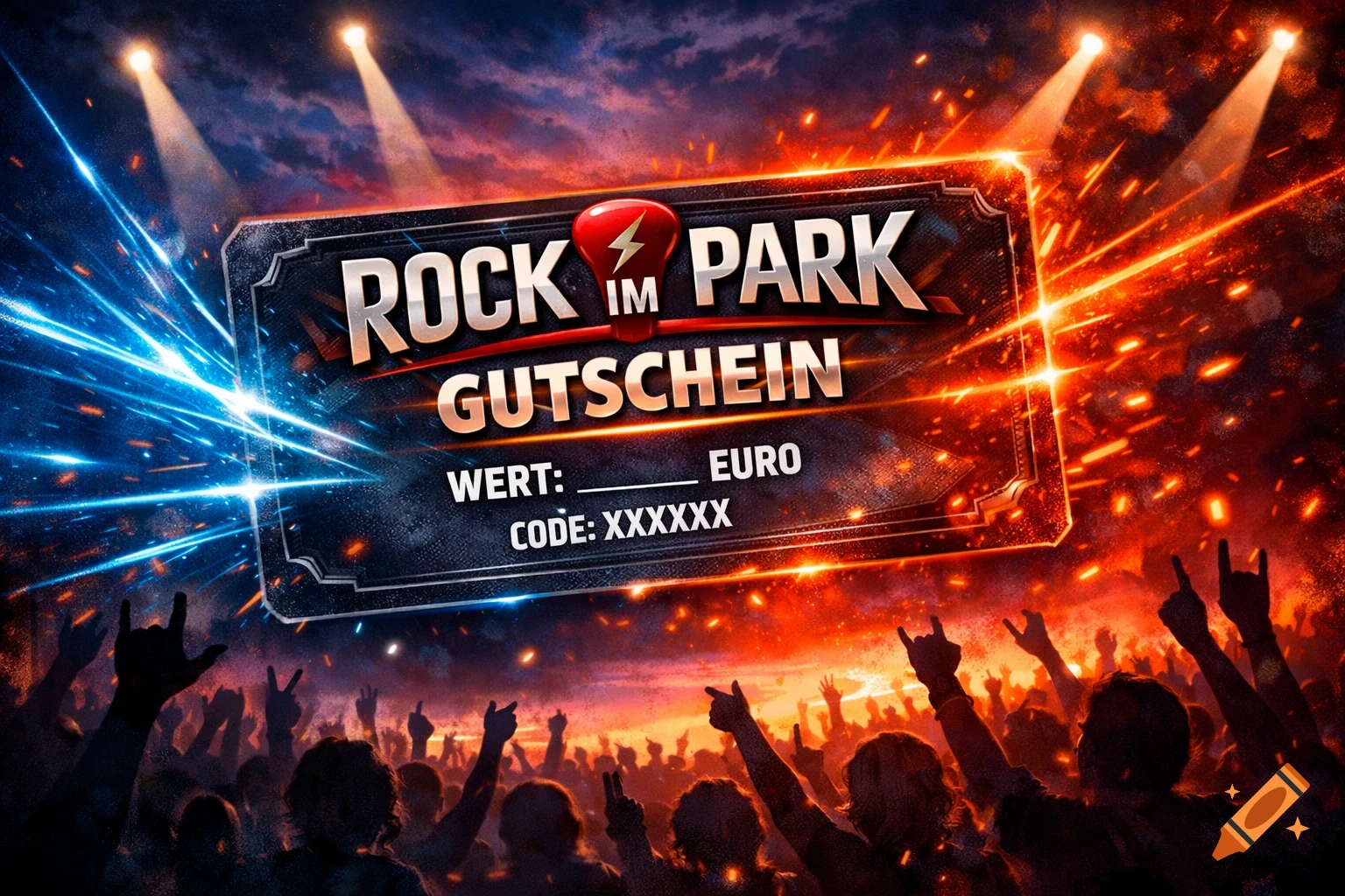 A 'Rock im Park' voucher glows above a rock concert crowd with bright spotlights and energetic blue and orange light effects.