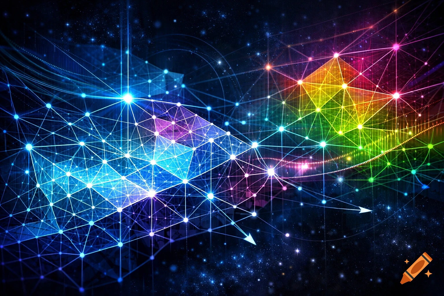 A vibrant abstract network of interconnected glowing nodes and lines forming a colorful gradient against a dark, starry background.