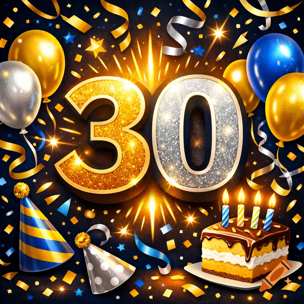 Vibrant birthday celebration with large glittering numbers '30', balloons, confetti, party hats, and a chocolate cake.