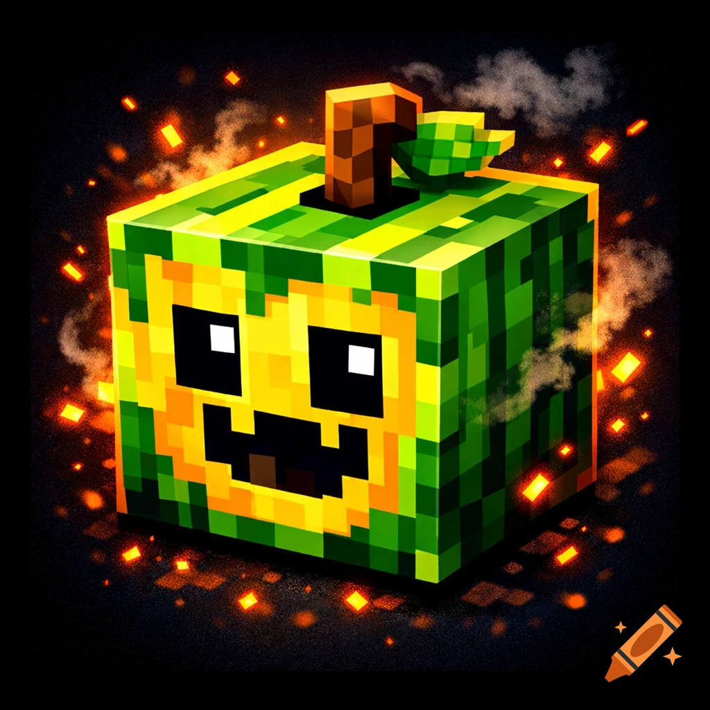 A pixel art, blocky pumpkin-like character with a carved face, surrounded by glowing sparks and smoke on a dark background.