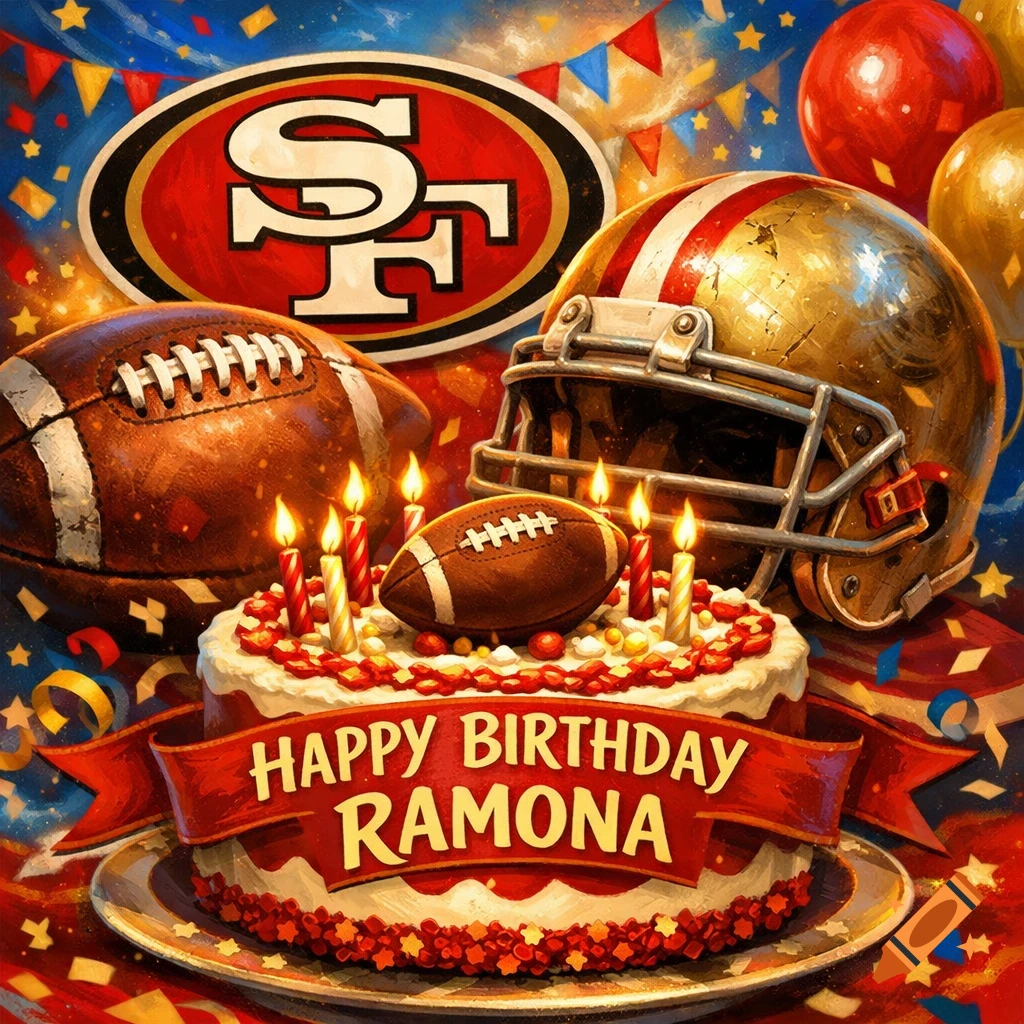 Painted birthday scene with a cake, footballs, a gold helmet, 49ers logo, and 'HAPPY BIRTHDAY RAMONA' banner.