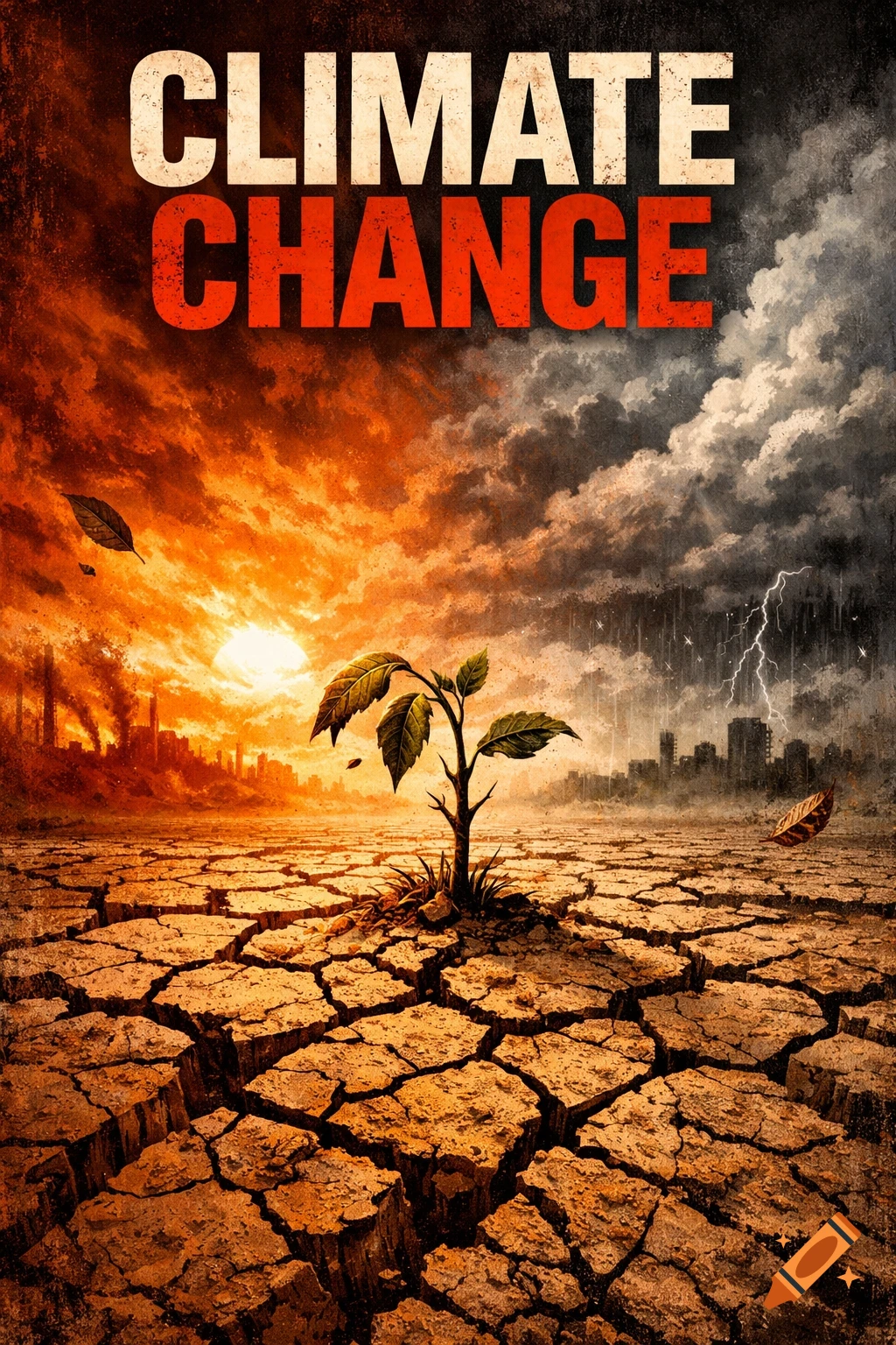 A poster depicting climate change with a cracked earth, a dying plant, a city emitting smoke under an orange sky, and a stormy city with lightning.
