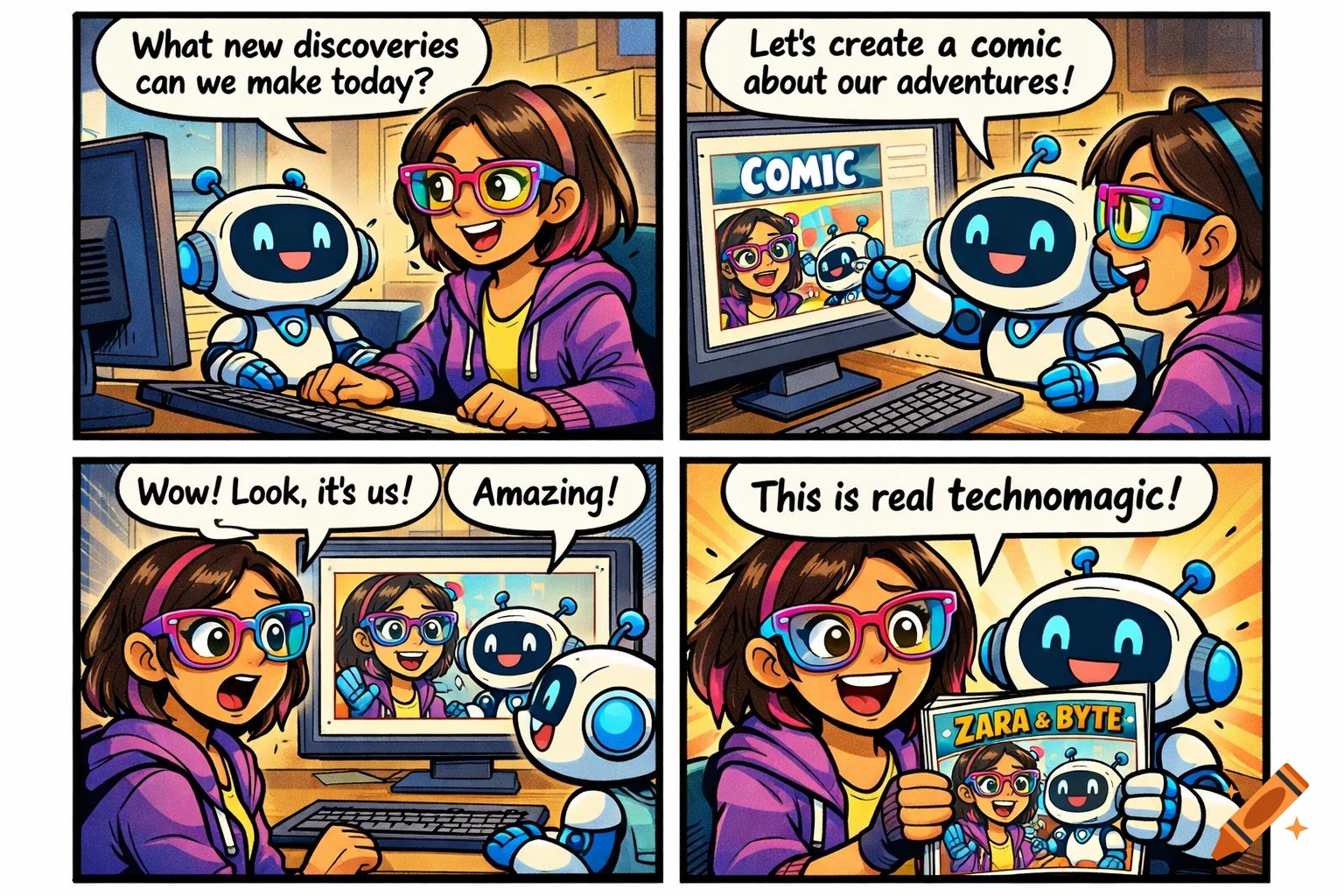 A colorful 4-panel cartoon comic strip showing a girl and her robot companion, Zara and Byte, creating their own comic adventures on a computer.