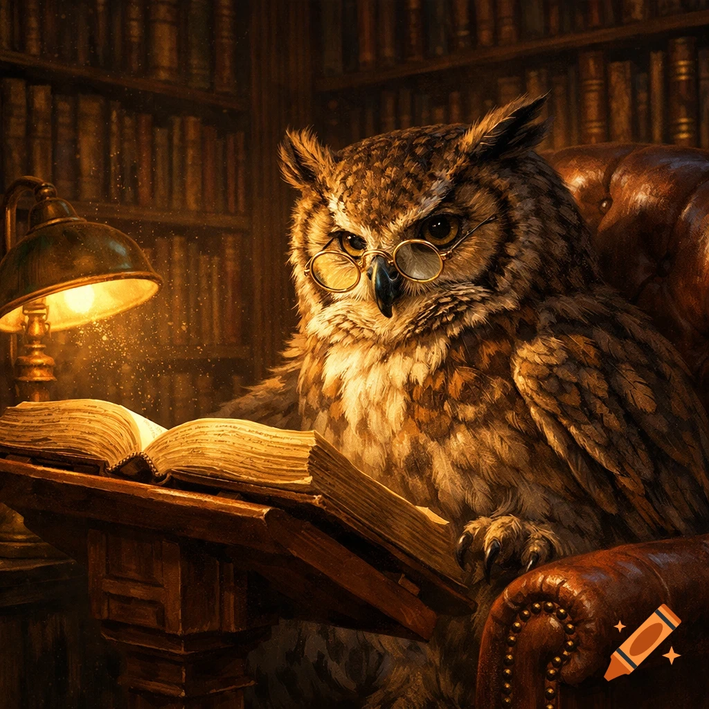 A wise owl with round glasses reads a book in a cozy, dimly lit library, illuminated by a desk lamp. Realistic, painterly style.