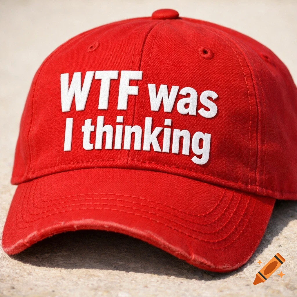 A close-up shot of a red baseball cap embroidered with the white text 'WTF was I thinking' on its front.