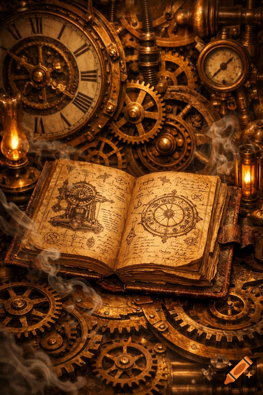 A richly detailed steampunk composition featuring an open, aged book with intricate diagrams amidst brass gears, clocks, and glowing lanterns.