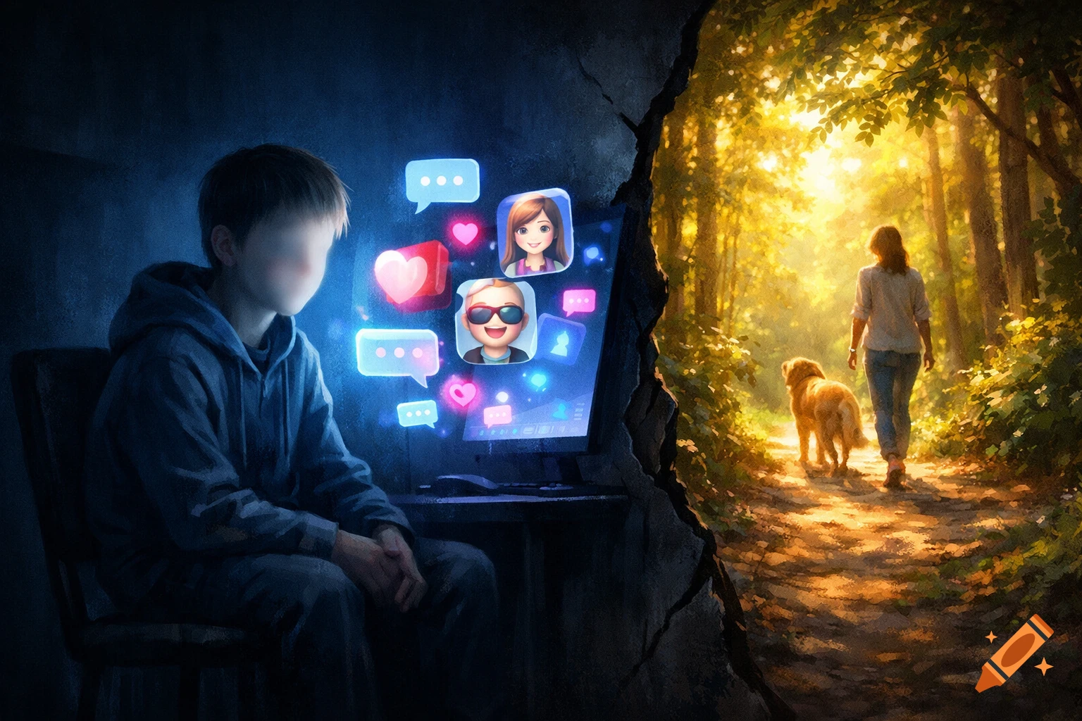 A boy sits in a dark room, illuminated by a computer screen showing chat bubbles and avatars. A crack reveals a sunlit forest path with a woman and dog.