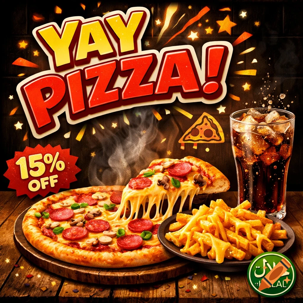 A hot, cheesy pizza, cheesy fries, and cola on a wooden table with 'YAY PIZZA!' and '15% OFF' text, and a Halal logo.