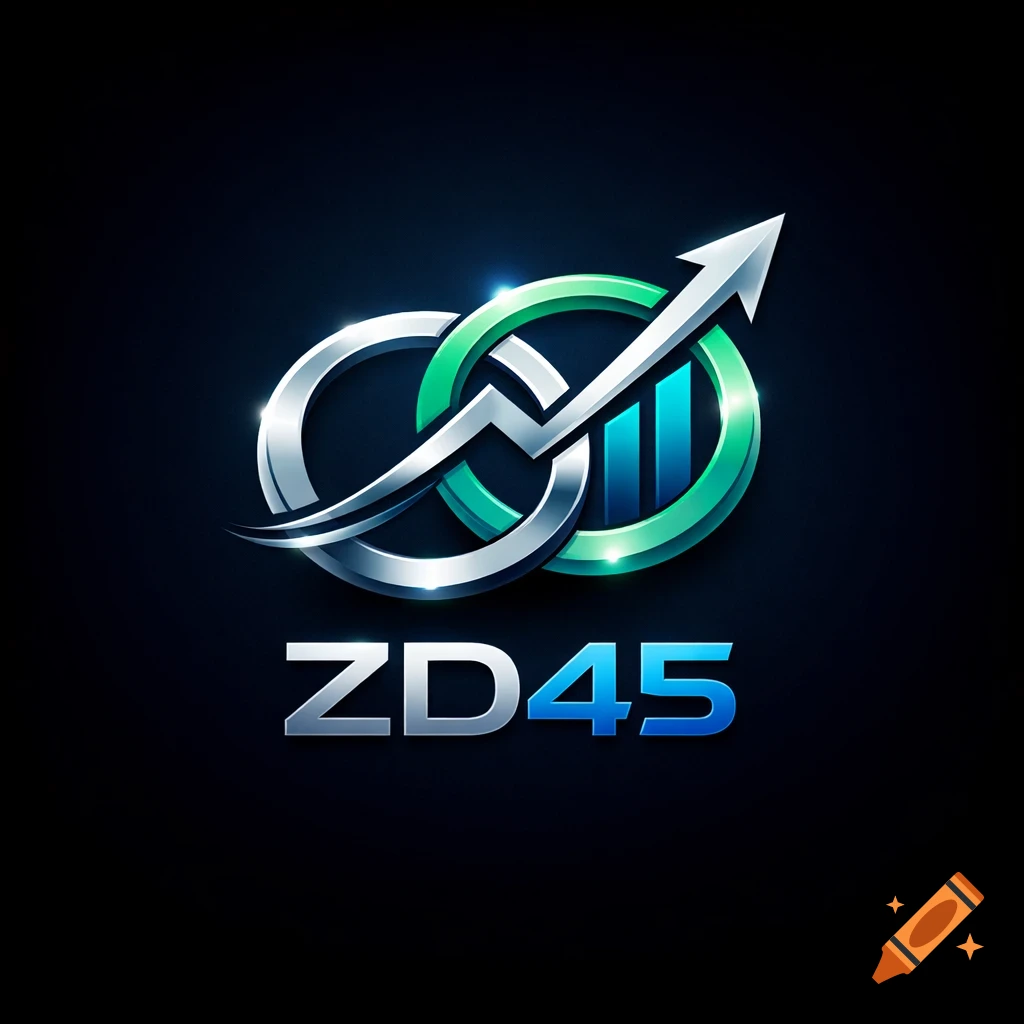A sleek, metallic logo with intertwining silver and green rings, an upward-trending arrow, a bar graph, and the text "ZD45" below.