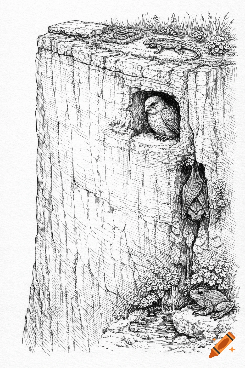 Detailed black and white ink drawing of a rocky cliff face with a lizard, snake, owl, bat, and frog in their habitats.
