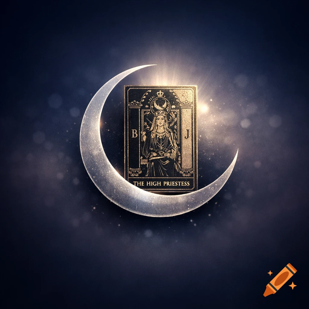 A gold and black "The High Priestess" tarot card is centered on a shimmering silver crescent moon against a dark, starry background.