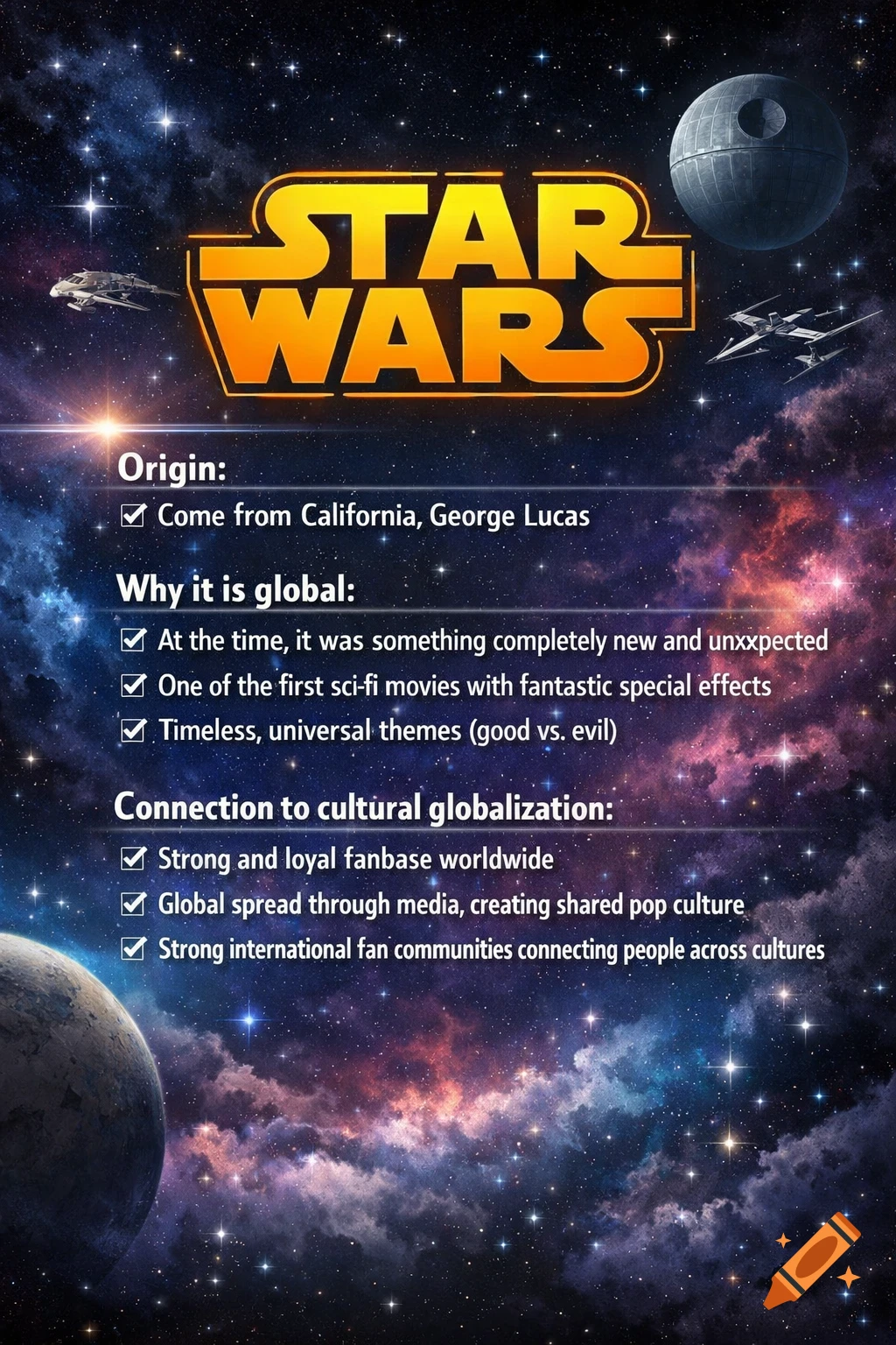 A 'Star Wars' themed educational poster set against a cosmic background with spaceships and a planet. It lists information about the franchise's origin and global impact, including its title and bullet points with checkboxes.