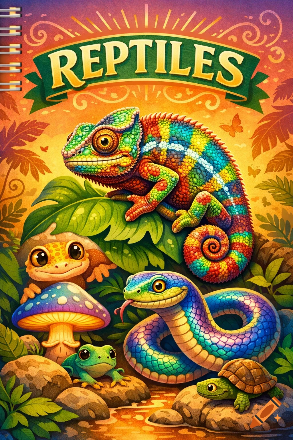Colorful illustration of various cartoon-style reptiles and amphibians including a chameleon, gecko, snake, frog, and turtle, with 'REPTILES' text on a banner.
